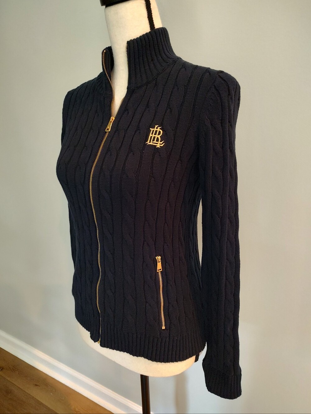 Lauren Ralph Lauren Logo Cable Knit Zip Cardigan Sweater Preppy Old Money Blue S